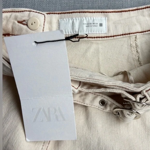 NWT Zara 1975 SZ XS Ecru Denim Double Buckle wrap Midi Skirt - Picture 8 of 9